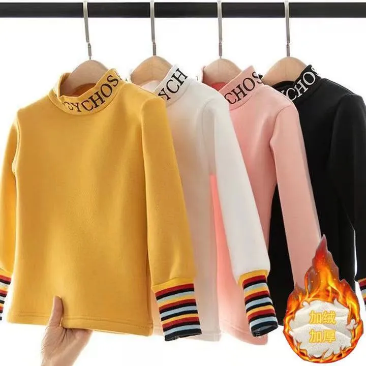 女童加绒打底衫秋冬装新款中大儿童半高领长袖T恤女孩一体绒上衣