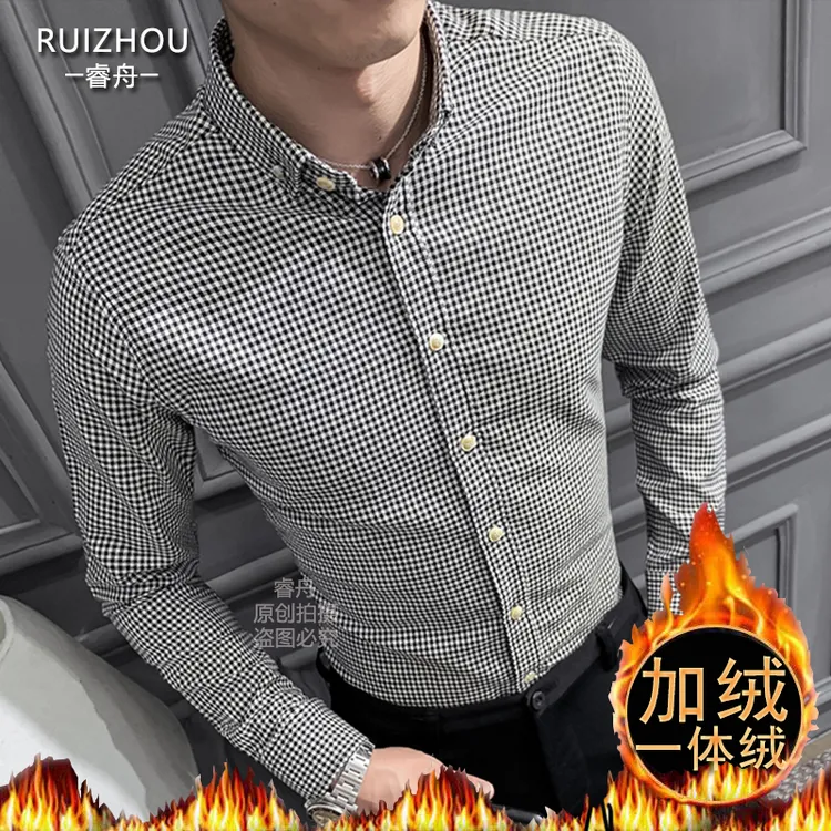 春秋免烫男士修身衬衣千鸟格子长袖衬衫休闲新款英伦商务韩版