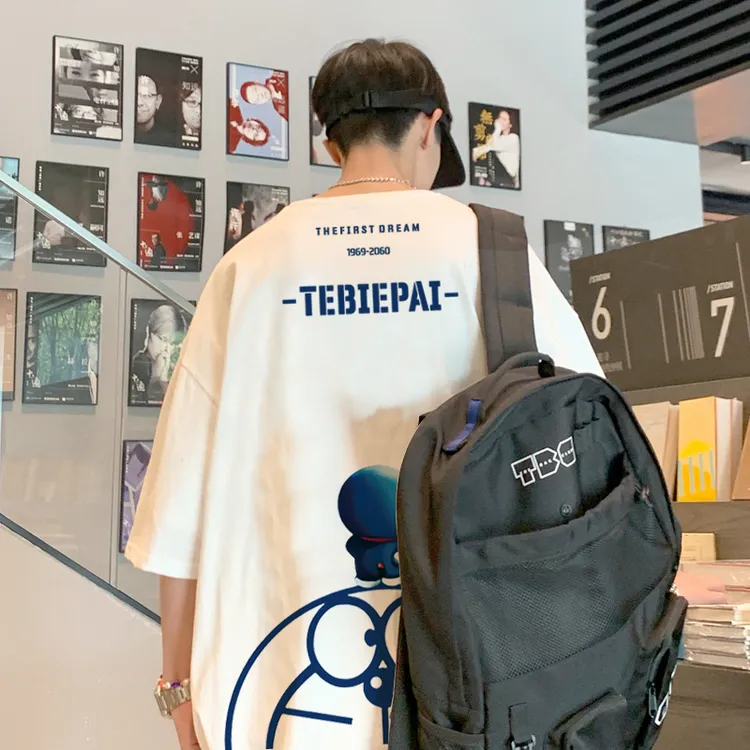 蓝胖子~童趣圆领T恤男士休闲百搭简约宽松潮流港风打底衫体恤打底
