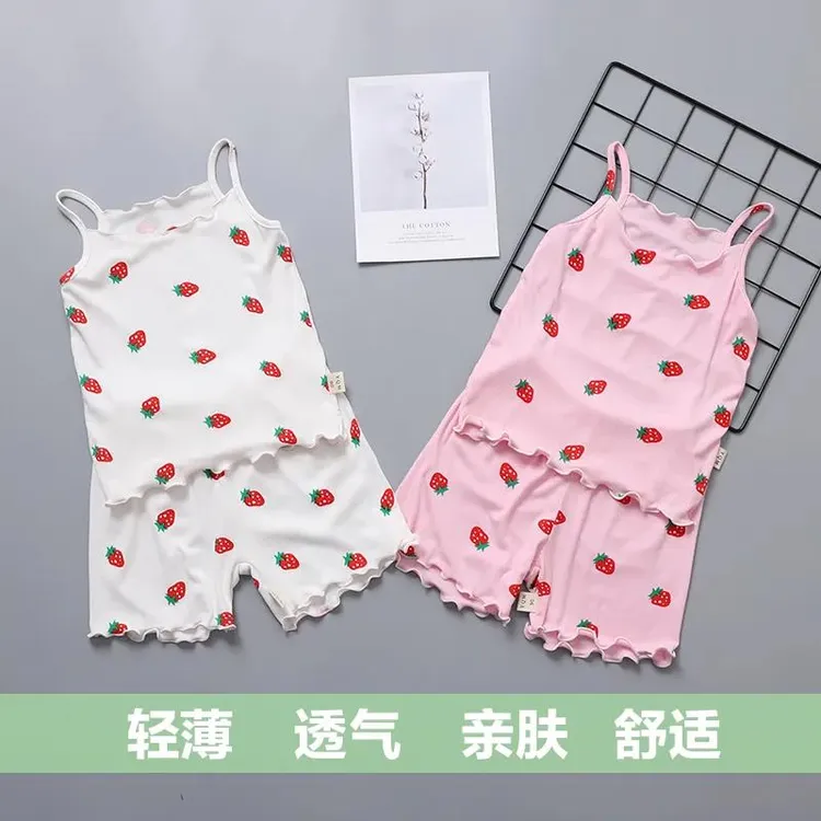 女童夏季新款吊带草莓睡衣套装中小童3短裤洋气家居服两件套潮