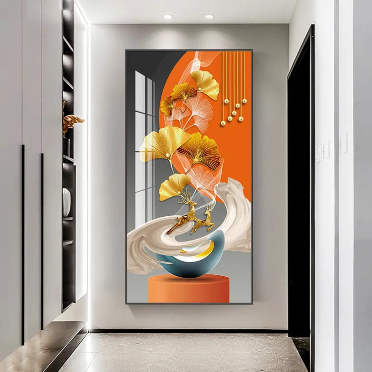 晶瓷镶钻轻奢入户门玄关装饰画进门客厅走廊挂画新款杏叶麋鹿壁画