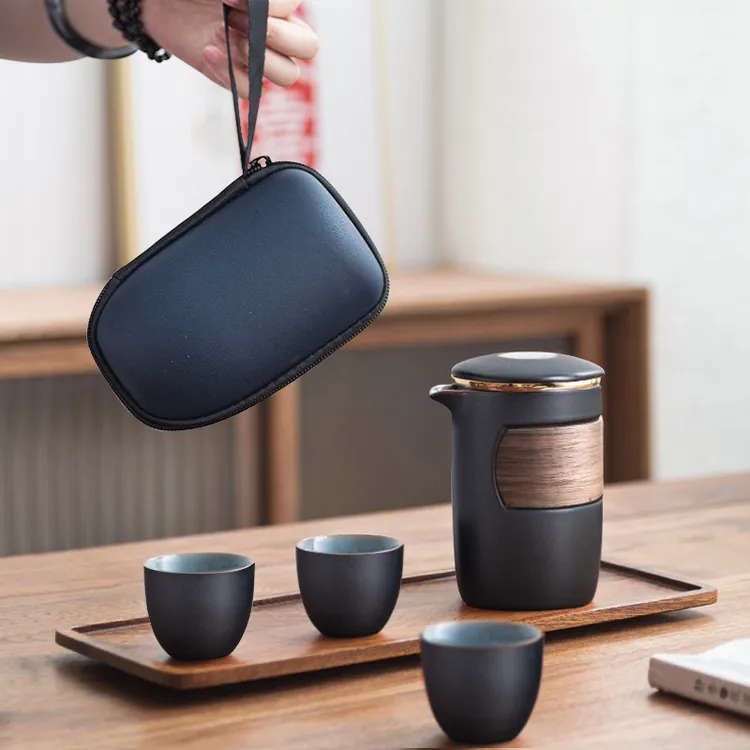 简约户外陶瓷便携式旅行茶具套装收纳包车载泡茶壶快客杯一壶三杯