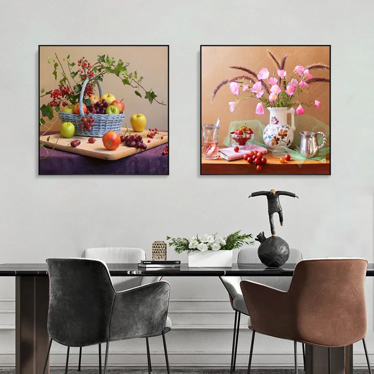 【富贵有余】餐厅装饰画轻奢晶瓷画铝合金两联框画正方形简约平面