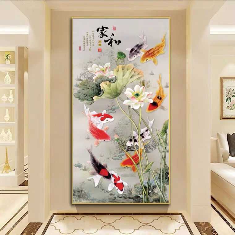 年年有鱼入户过道玄关装饰画铝合金边框晶瓷镶钻竖版新中式挂画