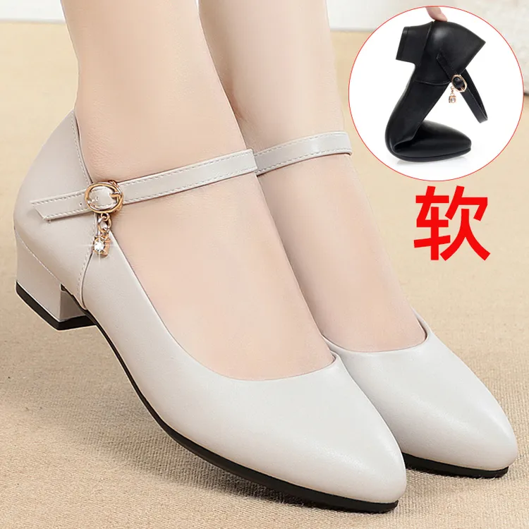 空姐白色真皮软底粗跟工作鞋黑色皮鞋久站一字扣跳舞妈妈女鞋单鞋