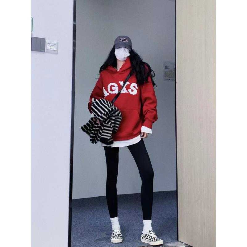喜士潮社AGXS复古秋冬宽松加绒连帽衫发泡LOGO红色卫衣男女情侣装