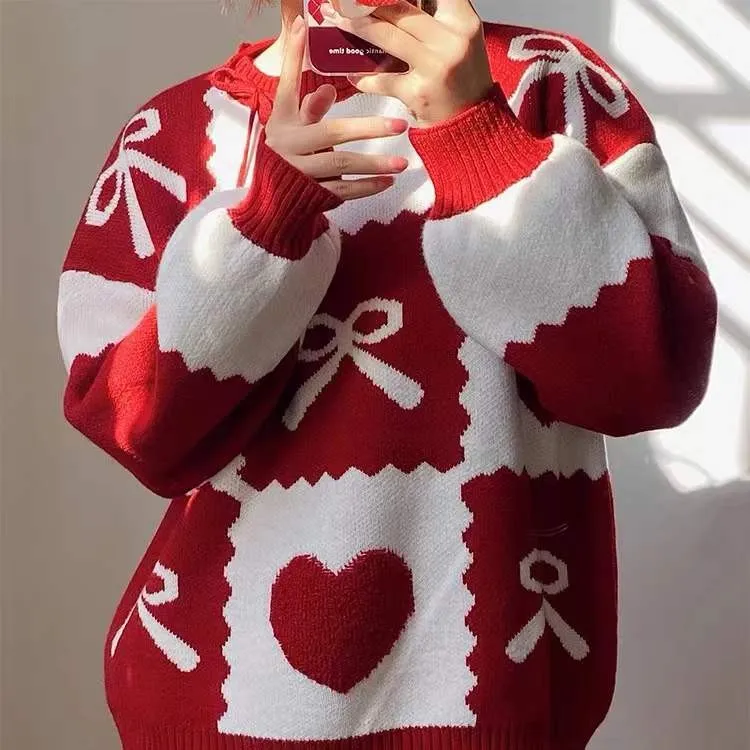 超仙圣诞新年红毛衣女撞色拼接外穿套头加厚蝴蝶结