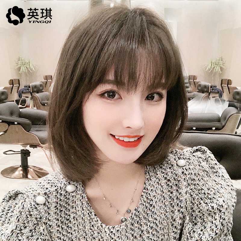 英琪假发女短发头皮空气刘海黑色真人发丝蕾丝全头套双递针波波