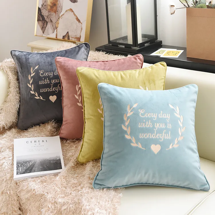 网红绒面心形刺绣沙发抱枕加厚纯色靠垫靠枕套腰枕ins风含芯
