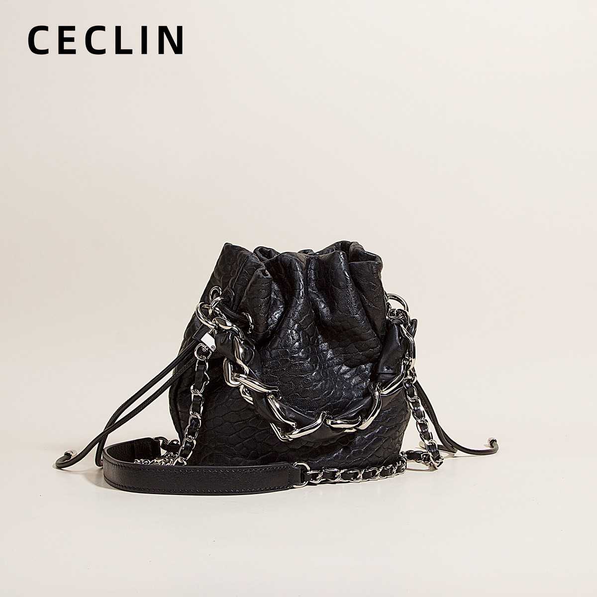 CECLIN泡泡羊皮水桶包单肩斜挎包真皮女包迷你小包包洋气质感女包