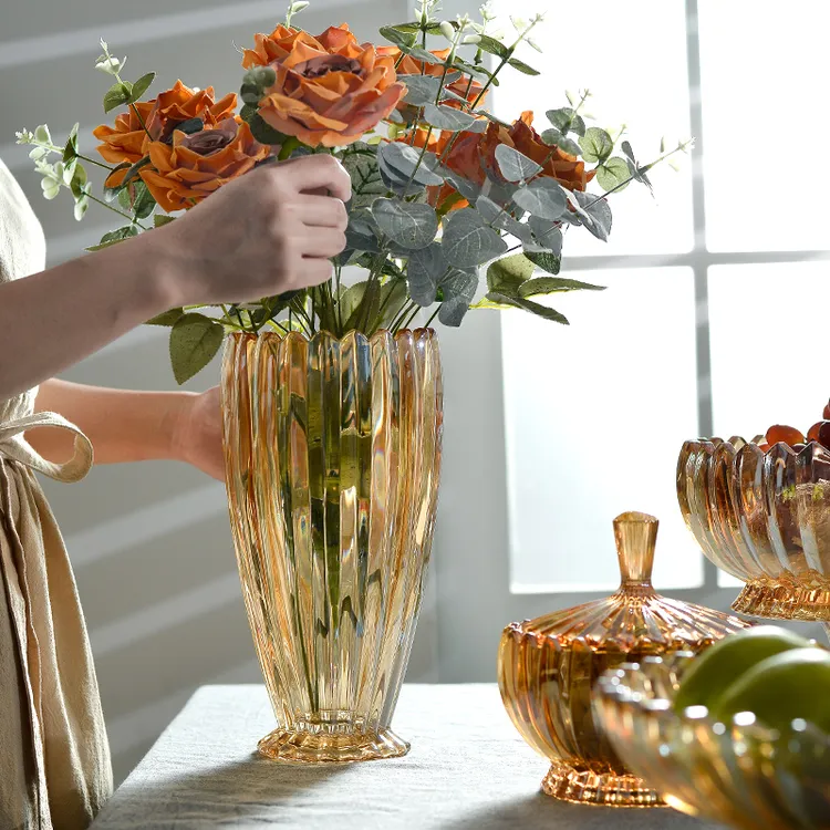 花瓶轻奢简约花瓶轻奢风花瓶摆件琥珀金色条纹花瓶彩摆件客厅