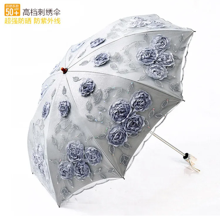 绣花太阳伞防晒防紫外线蕾丝刺绣双层黑胶二折遮阳女公主洋伞