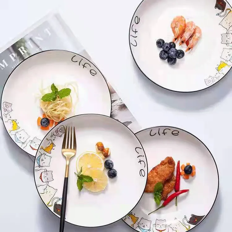 卡通猫喵喵陶瓷饭盘6只装餐盘餐具菜盘圆形西餐盘网红早餐盘盘碟
