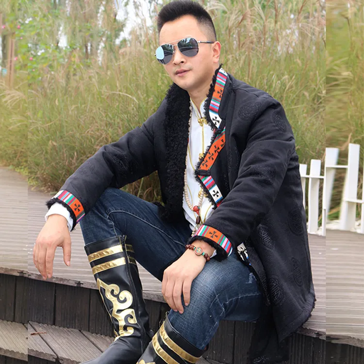 新款藏袍男冬季藏装黑毛加绒保暖短款氆氇西藏民族风藏族服装藏衣