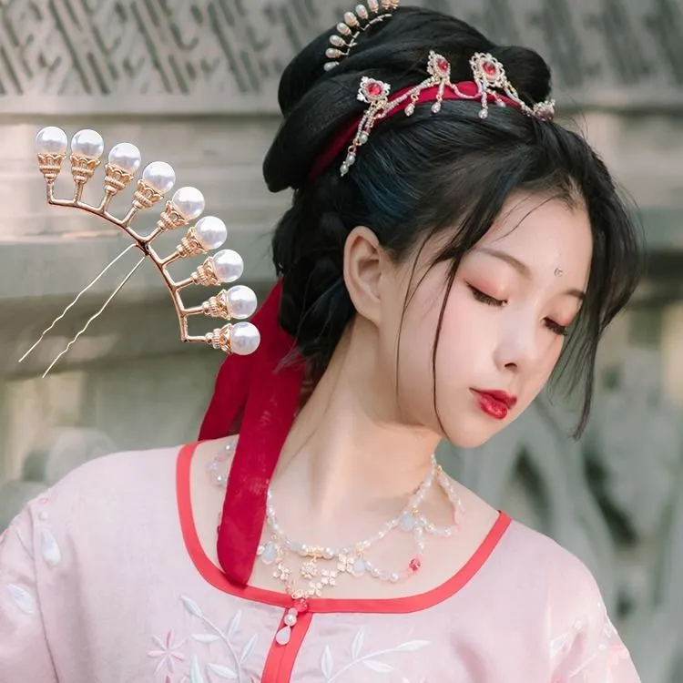 锌合金仿珍珠发饰 古风汉服头饰古装发冠百搭珍珠排簪唐风排插