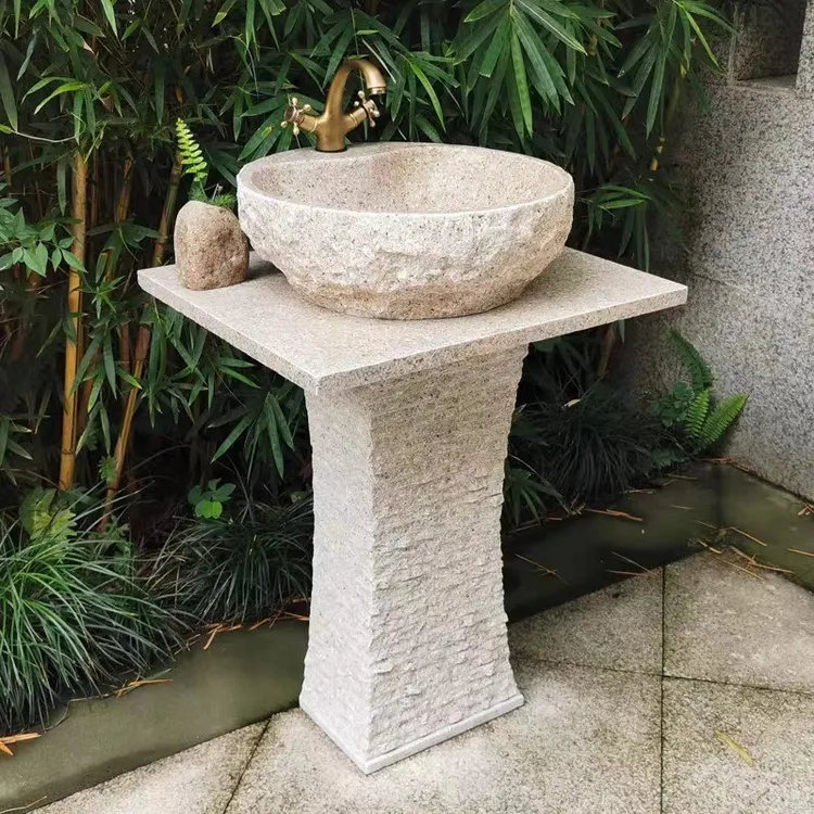 自然精品天然雕刻洗手盆石头切割打磨分体岩石庭院石材立柱盆定制