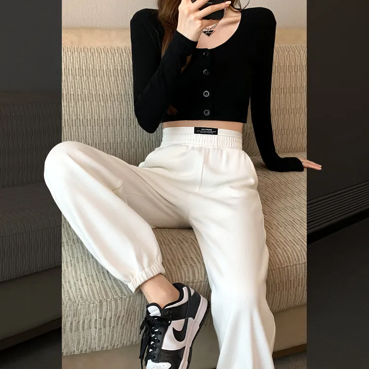 u 91白色运动裤女春秋夏2025新款高腰显瘦束脚美式小个子休闲卫裤
