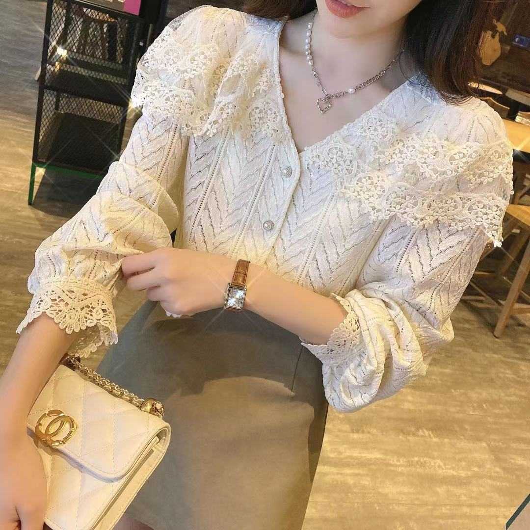 法式洋气设计感仙气水波纹蕾丝衫衬衫上衣+半身裙