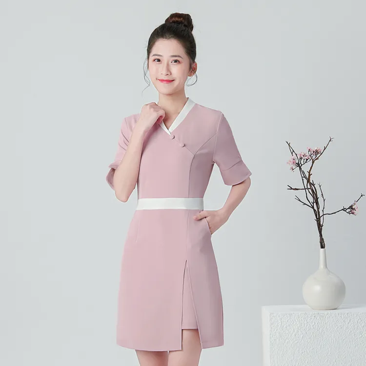 新款美容院足浴会所按摩技师服养生spa足疗美容师工作服夏连衣裙