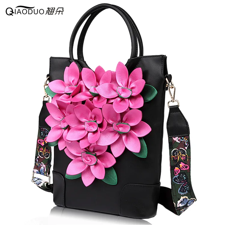 翘朵撞色宽肩带女包2025秋季潮款花朵民族风复古手提单肩斜挎包韩