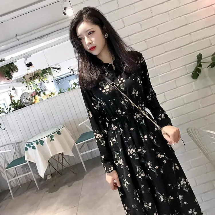 复古碎花大码雪纺连衣裙女春秋2022新款韩版打底长袖中长款长裙子