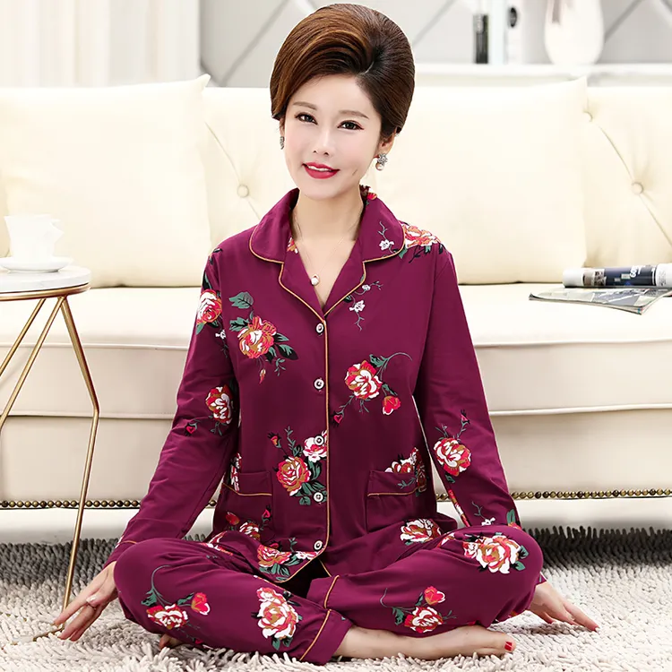 中老年纯棉睡衣女春秋季长袖开衫翻领宽松大码妈妈女士家居服套装