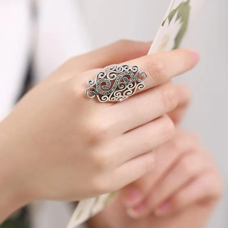 铜合金戒指 时尚个性古风复古民族风饰品s镂空音符祥云活口戒指