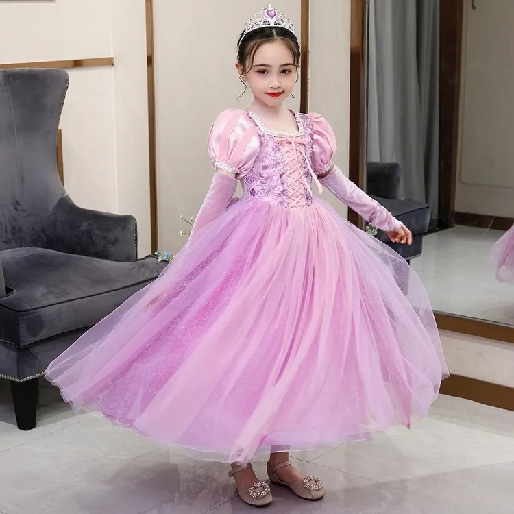 长发公主裙春秋乐佩公主同款紫色裙子儿童女童连衣裙生日礼服夏季