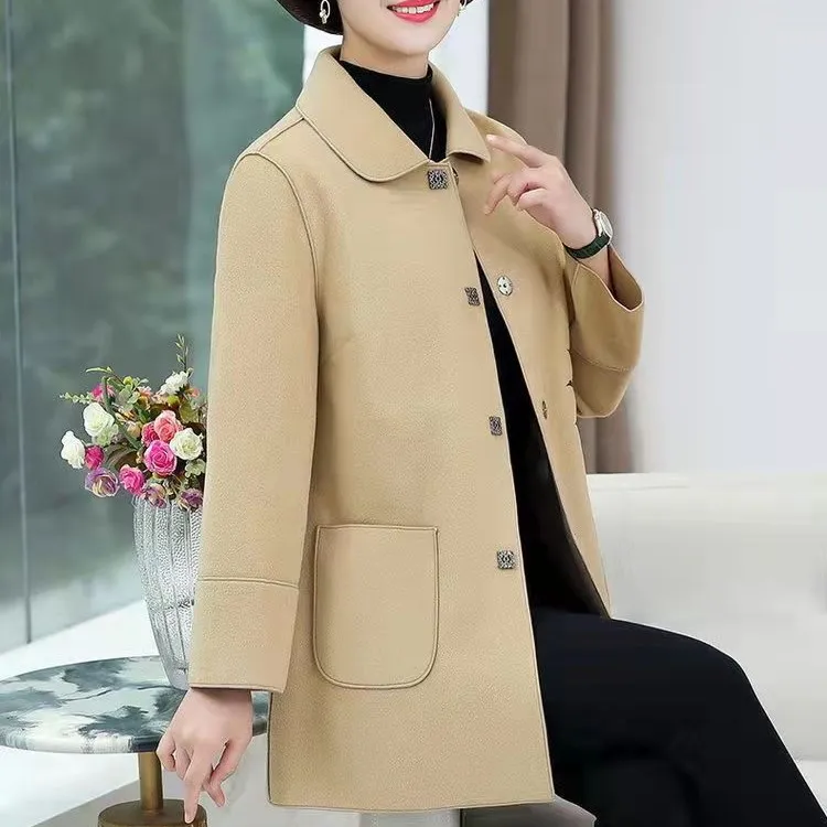 新款春秋中老年双面呢大衣中长款大码宽松妈妈装韩版时尚洋气上衣