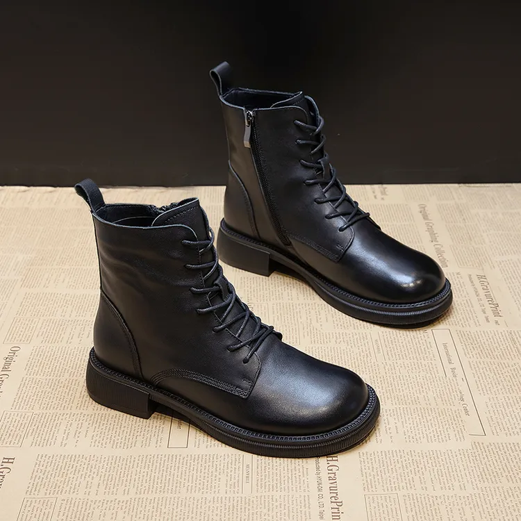 真皮马丁靴女英伦风2025新款秋冬季大码女鞋加绒百搭休闲平底短靴