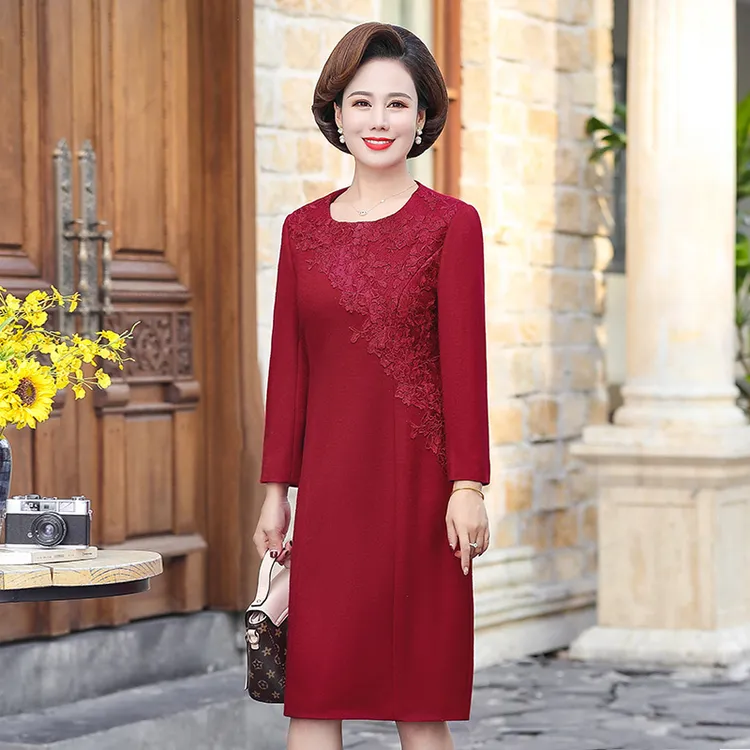音妮卡冬季妈妈装羊毛呢婚宴礼服九分袖修身显瘦婚礼连衣裙