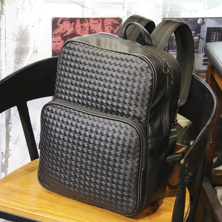 升级版手工编织商务双肩包潮流电脑包时尚大容量旅行背包学生书包