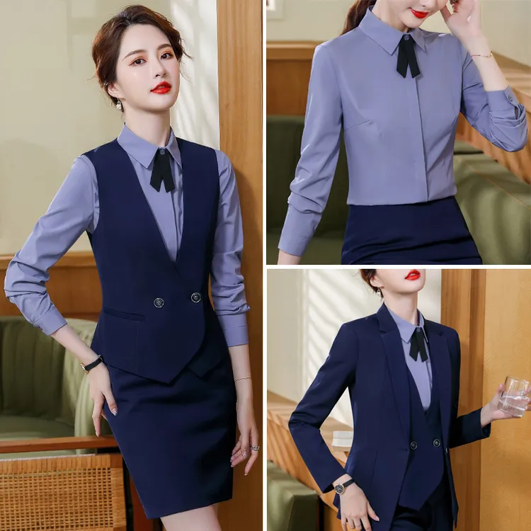 职业装长袖马甲套装女气质美容师工作服冬空姐制服酒店前台三件套