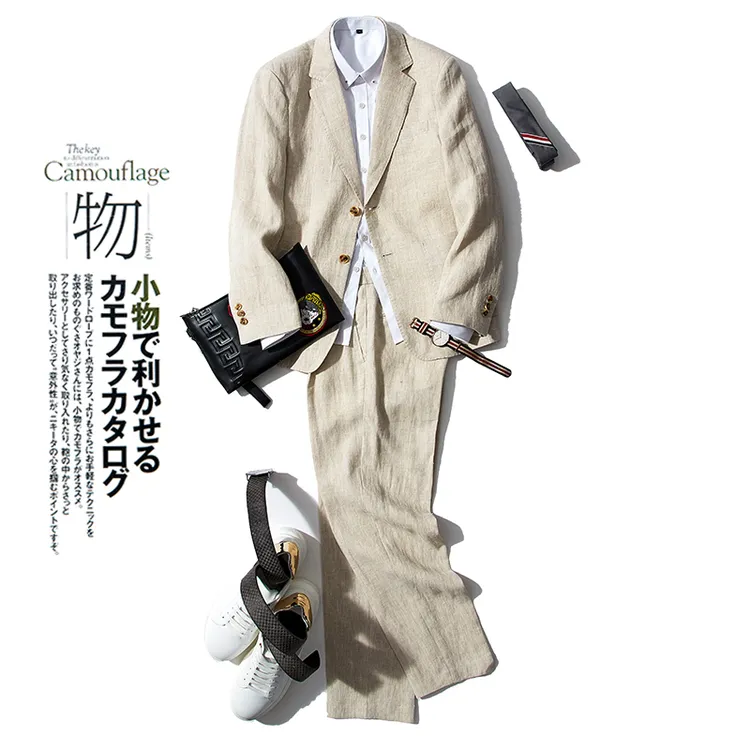 轻薄时尚日系复古亚麻休闲西服套装男士英伦绅士修身西装两件套潮