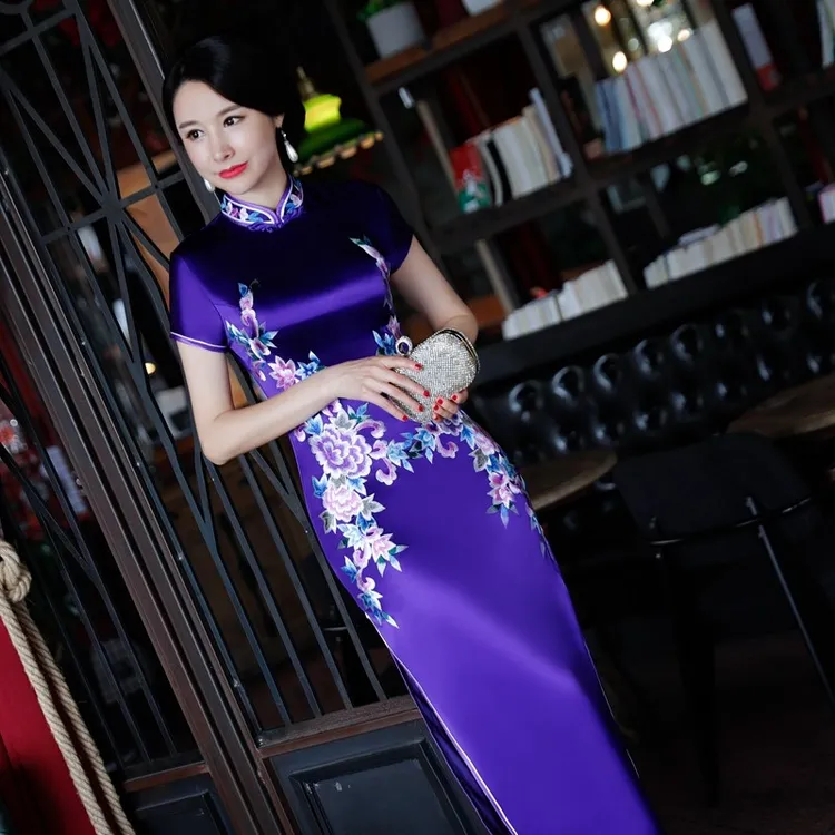 紫色醋酸绣花旗袍长款优雅复古气质修身高端走秀演出服中国风旗袍