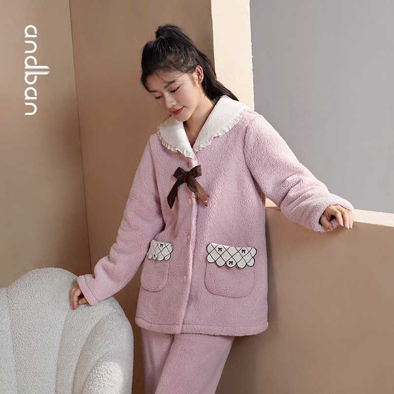 安之伴加厚保暖珊瑚绒睡衣女家居服大码休闲长袖套装82141321918