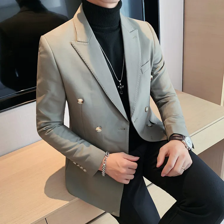 猎撒时尚双排扣纯色修身西装青年商务休闲单西外套西服潮流便西