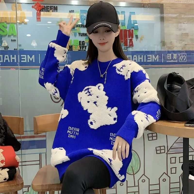 中长款毛衣秋冬韩版新款毛衣女圆领长袖卡通老虎重工针织套头衫