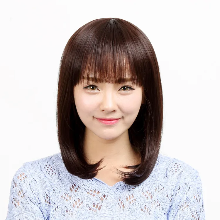 假发女长发自然全头套式逼真中长发真发齐刘海锁骨发透气减龄可扎