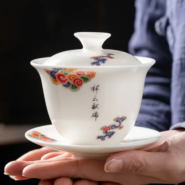 新视觉茶器  高档家用羊脂玉白瓷三才盖碗手工陶瓷泡茶碗防烫介碗