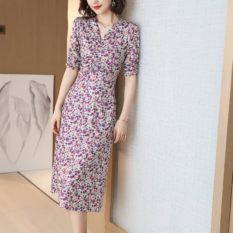 气质优雅女装连衣裙夏季新款法式中袖v领显瘦时尚印花遮肚长款A裙