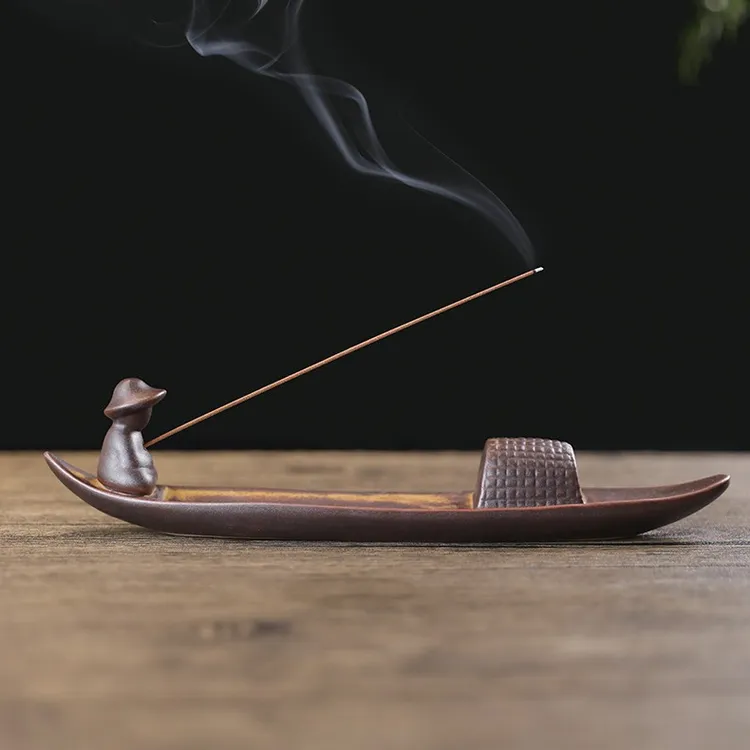 创意孤舟蓑笠翁陶瓷香插香炉家用室内禅意熏香沉香檀香卧香炉摆件