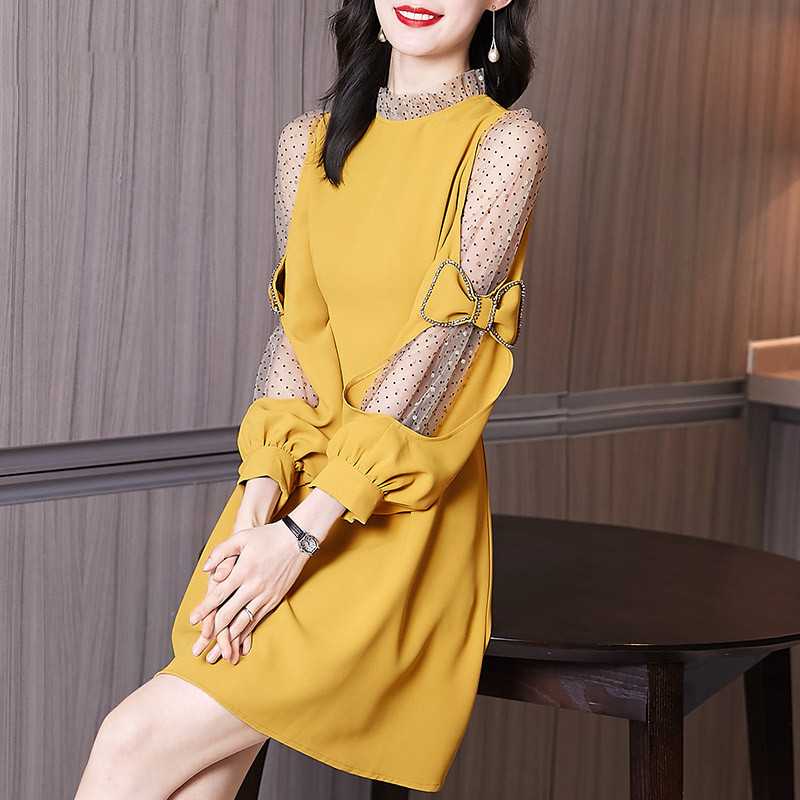 M-3XL KRN5618 新款春季名媛炸街气质收腰显瘦蝴蝶结网纱连衣裙