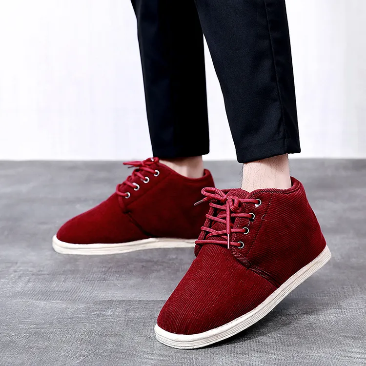 汪源千层底布鞋男复古酒红色冬季加绒防臭男鞋潮休闲保暖布棉鞋男