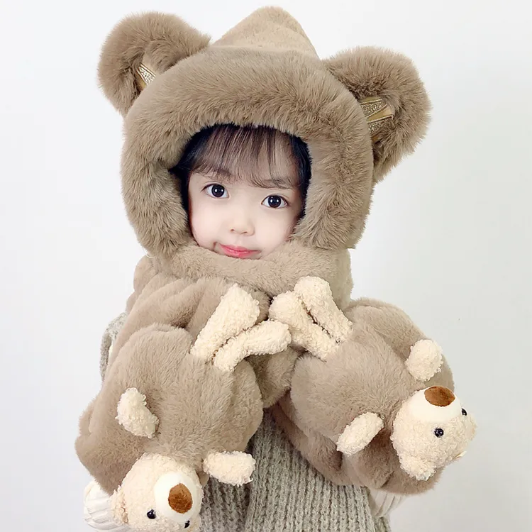 儿童帽子围巾手套三件套冬季加绒加厚女童一体帽男大童保暖防风帽