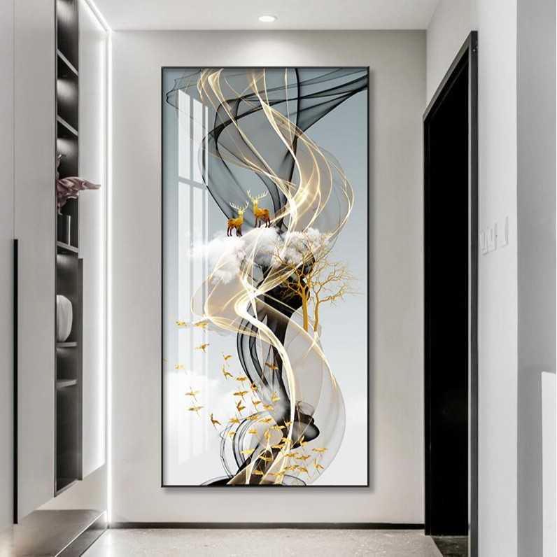 【玄关画】福禄双全鹿装饰画铝合金边框晶瓷画走廊过道玄关墙挂画
