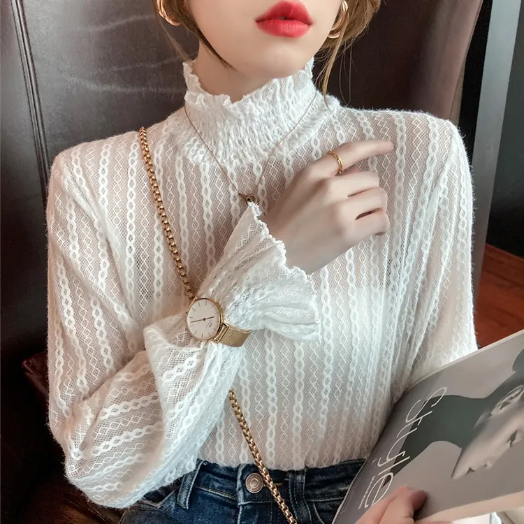 2024韩版秋季新款性感镂空长袖波浪网纱衣打底衫女上衣蕾丝衫洋气