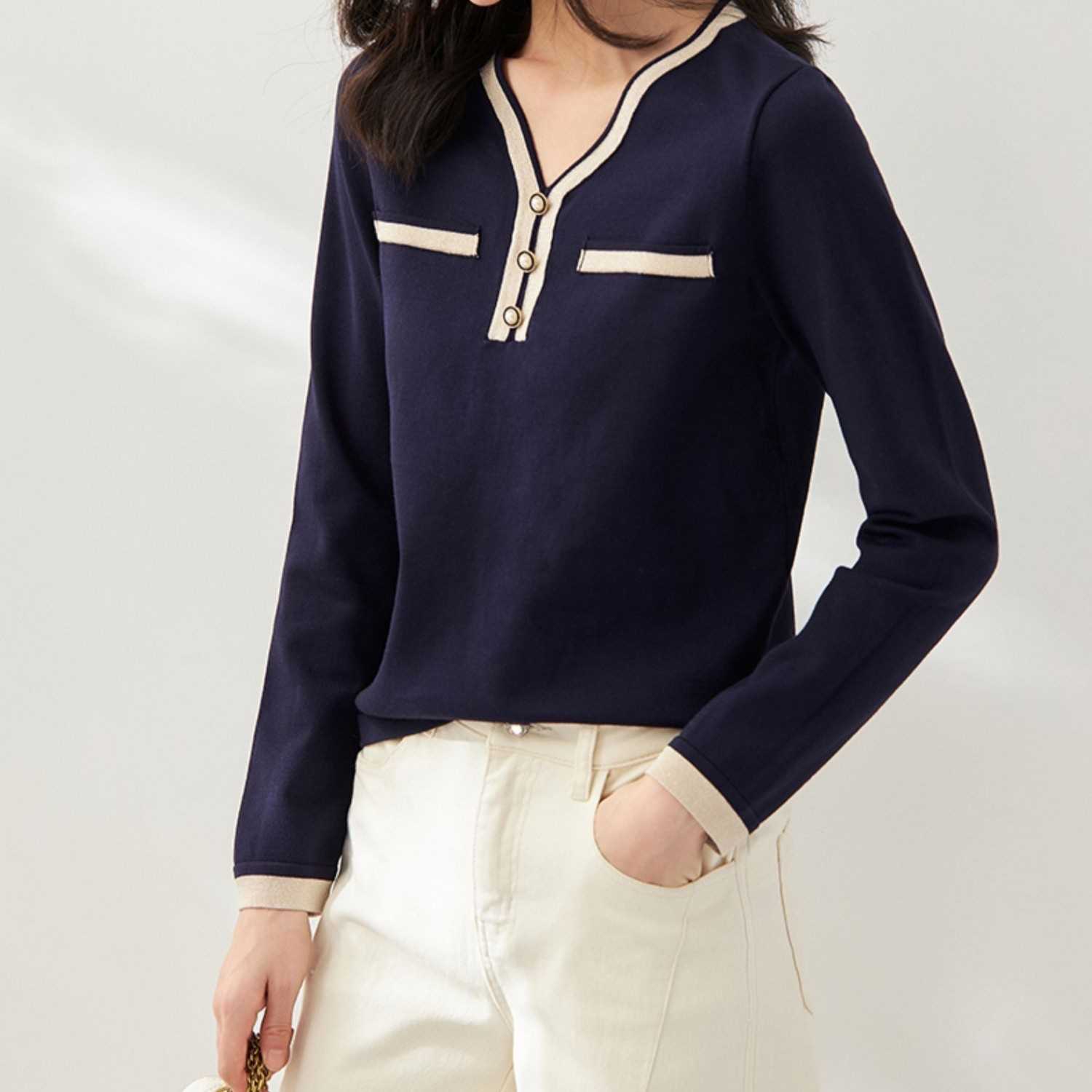 欧莎气质小香风通勤显瘦长袖V领针织衫打底毛衣女秋冬S120C16006