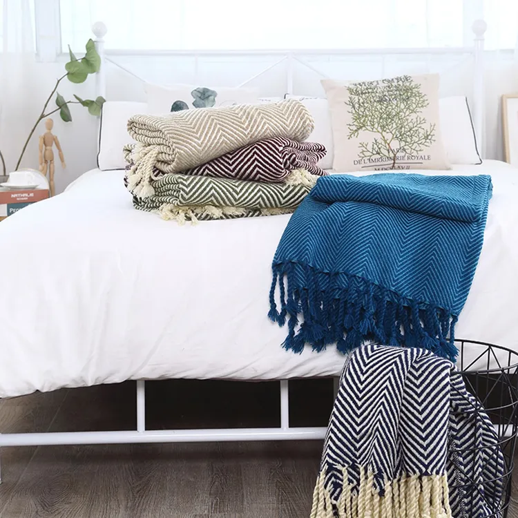 出口欧美北欧美式轻奢人字纹盖毯针织沙发毯民宿床尾毯黄色床搭巾