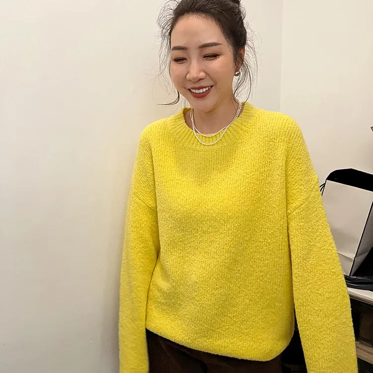 widelia秋冬款慵懒风圆领套头黄色毛衣女宽松休闲长袖针织衫27821